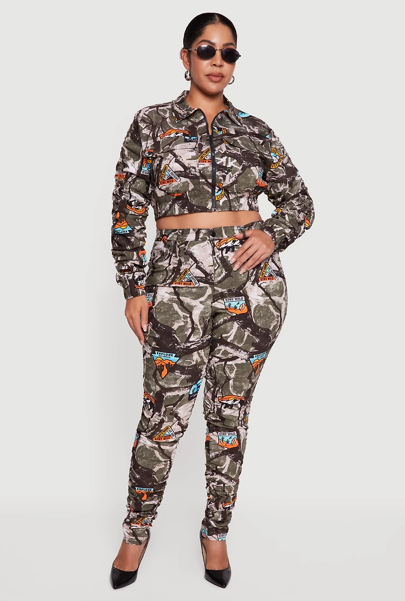 Womens Plus Side Ruched Patterned Zip Front Cropped Jacket, Multi,