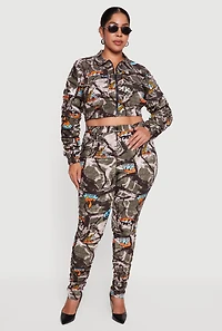 Womens Plus Side Ruched Patterned Zip Front Cropped Jacket, Multi,