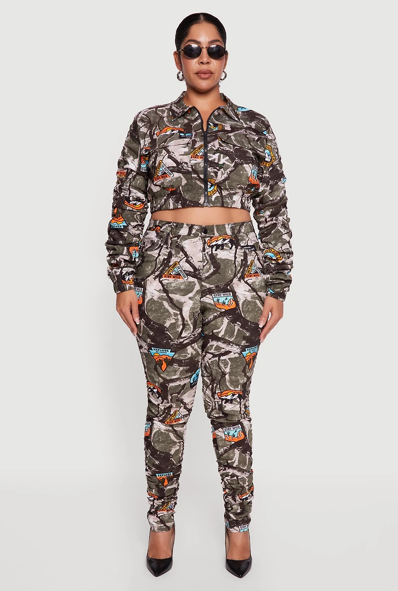 Womens Plus Side Ruched Patterned Zip Front Cropped Jacket, Multi,