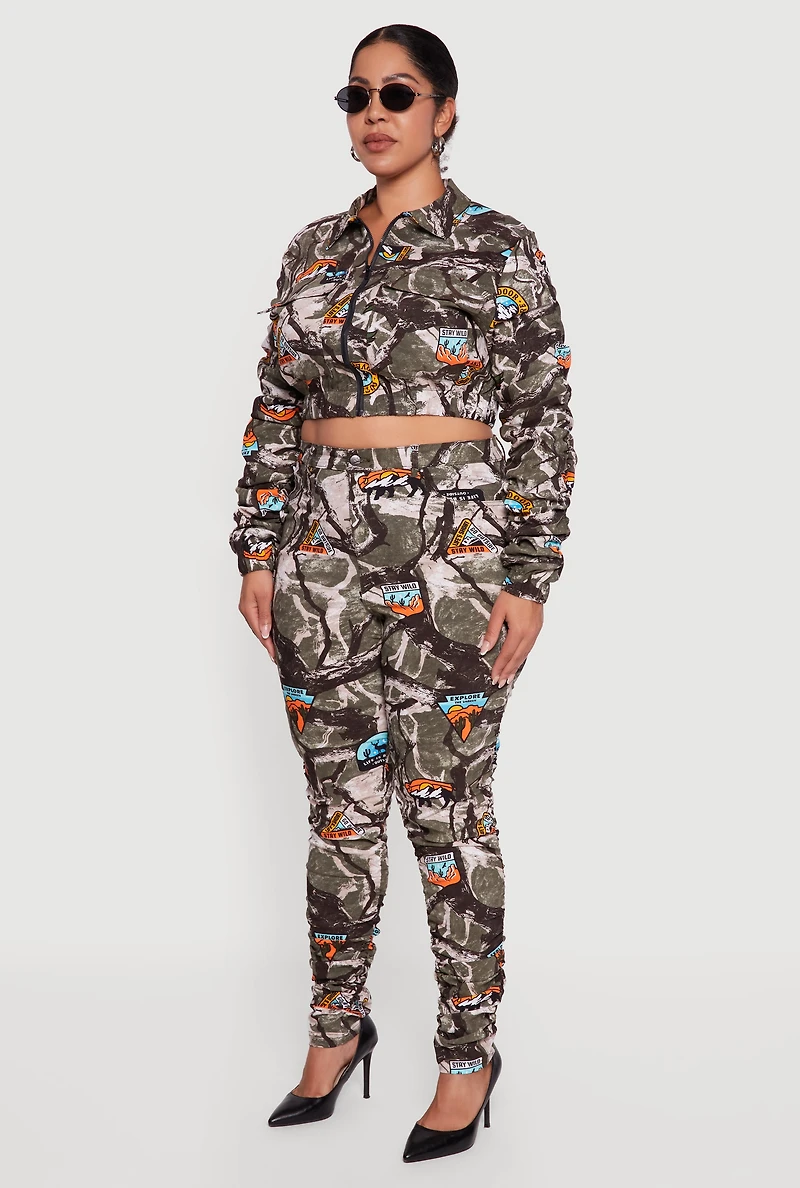 Womens Plus Side Ruched Patterned Zip Front Cropped Jacket, Multi,