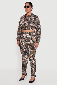 Womens Plus Side Ruched Patterned Zip Front Cropped Jacket, Multi,