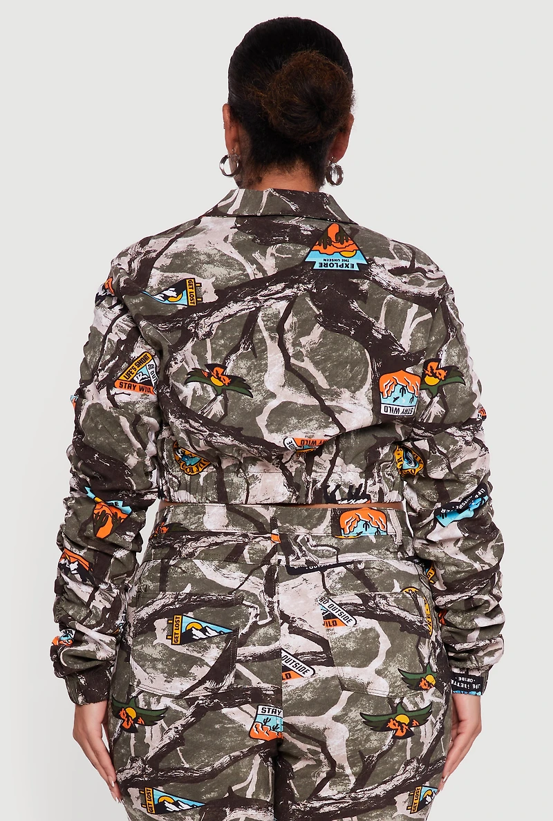 Womens Plus Side Ruched Patterned Zip Front Cropped Jacket, Multi,