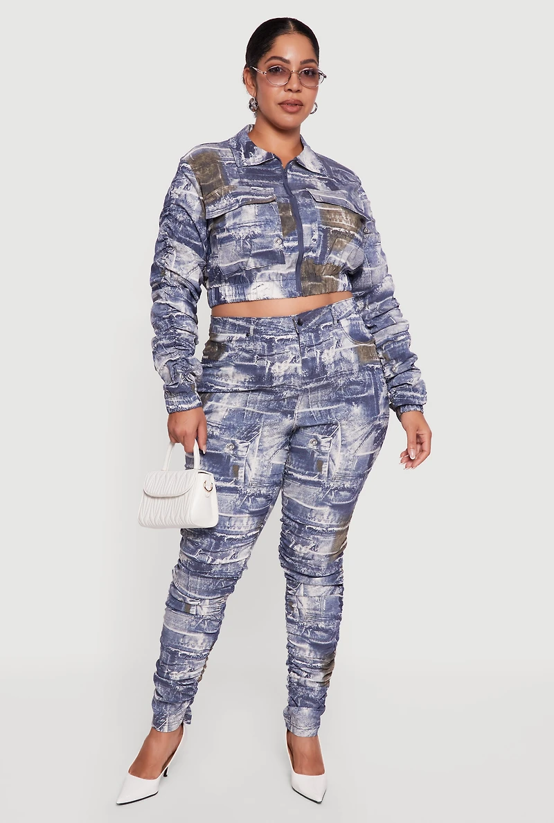 Womens Plus Side Ruched Patterned Zip Front Cropped Jacket,