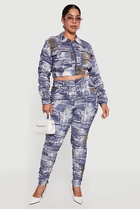 Womens Plus Side Ruched Patterned Zip Front Cropped Jacket,