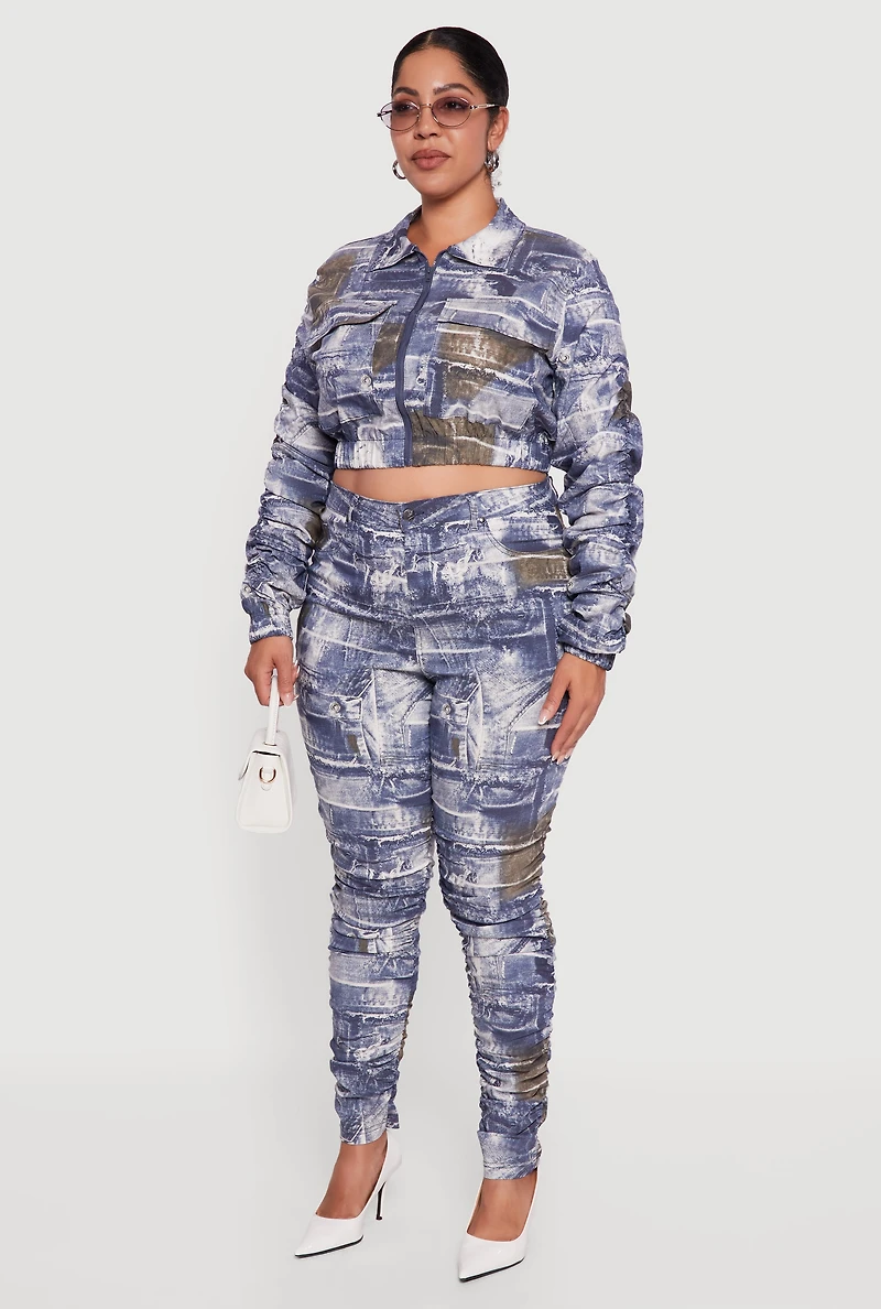 Womens Plus Side Ruched Patterned Zip Front Cropped Jacket,