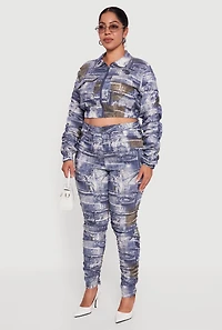 Womens Plus Side Ruched Patterned Zip Front Cropped Jacket,