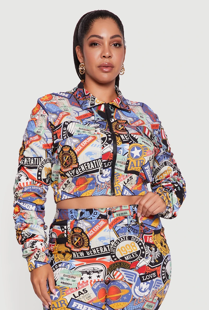 Womens Plus Size Side Ruched Patterned Zip Front Cropped Jacket, Multi, Size 3X