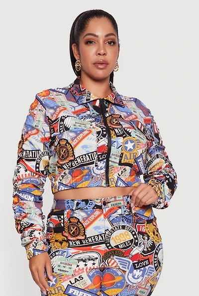 Womens Plus Size Side Ruched Patterned Zip Front Cropped Jacket, Multi, Size 3X