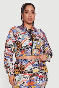 Womens Plus Size Side Ruched Patterned Zip Front Cropped Jacket, Multi, Size 3X