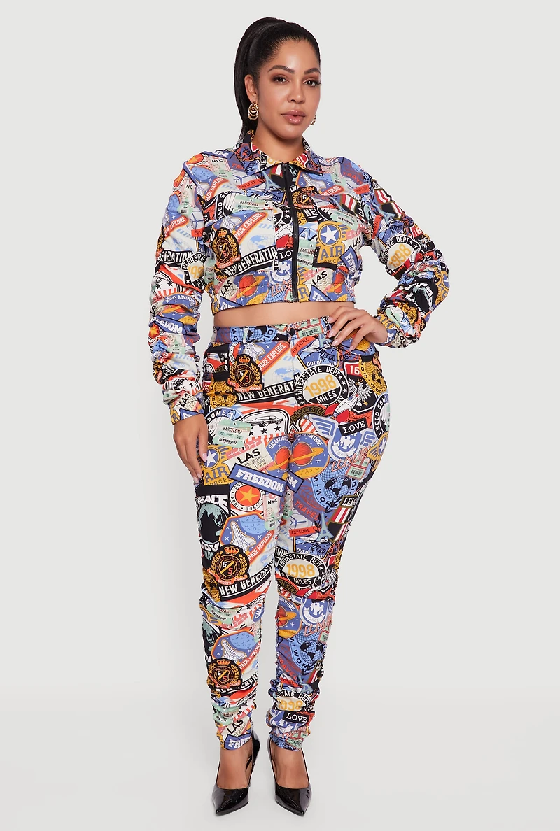 Plus Side Ruched Patterned Zip Front Cropped Jacket