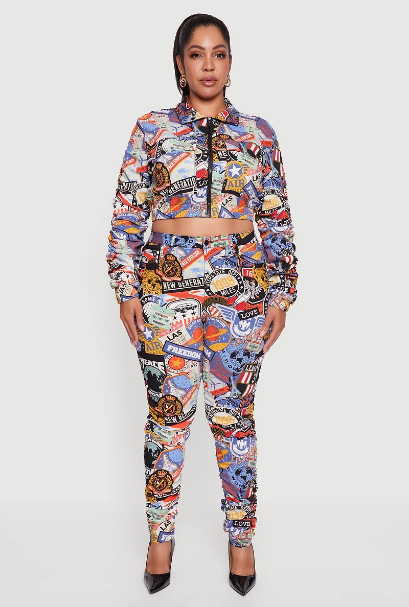 Plus Side Ruched Patterned Zip Front Cropped Jacket