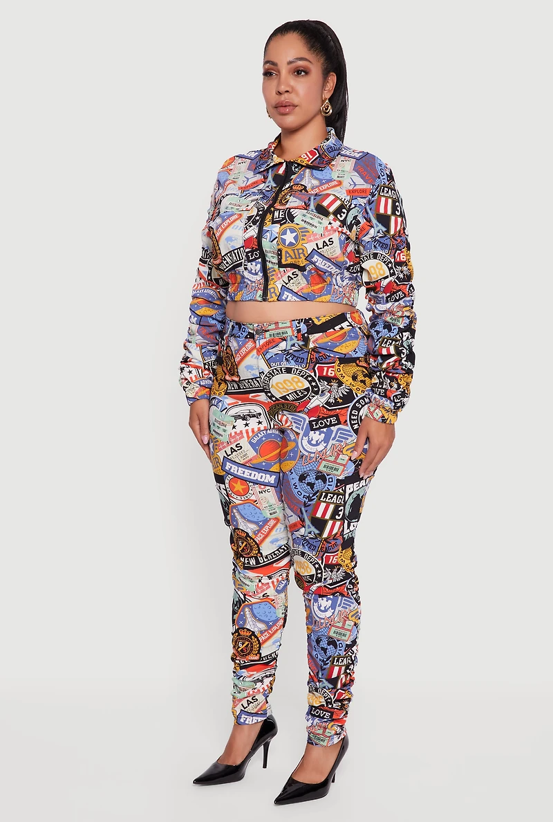 Womens Plus Size Side Ruched Patterned Zip Front Cropped Jacket, Multi, Size 3X