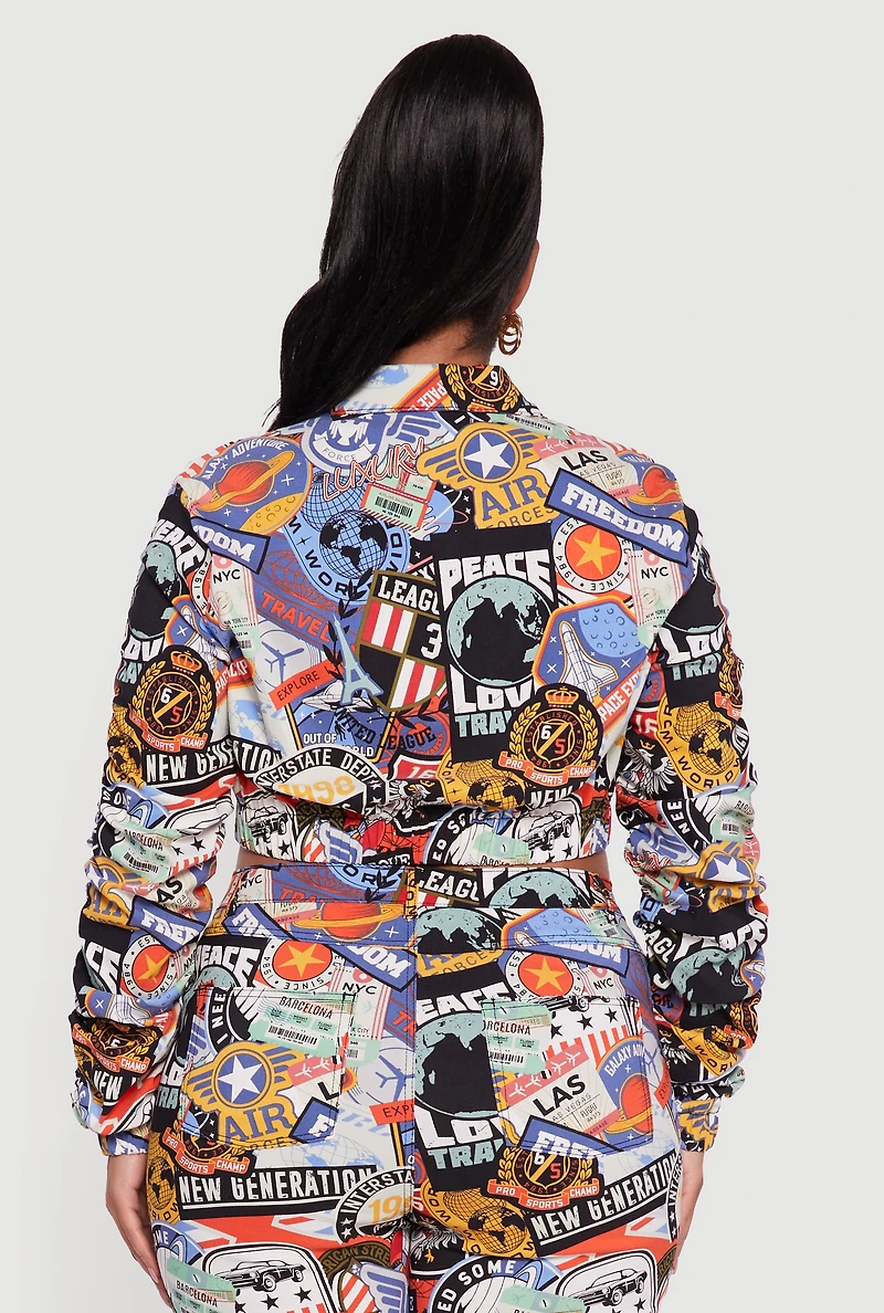 Plus Side Ruched Patterned Zip Front Cropped Jacket