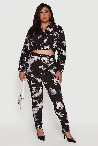 Womens Plus Size High Waisted Side Ruched Patterned Pants, Black, Size 1X
