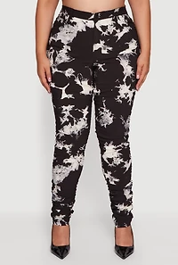 Womens Plus Size High Waisted Side Ruched Patterned Pants, Black, Size 3X