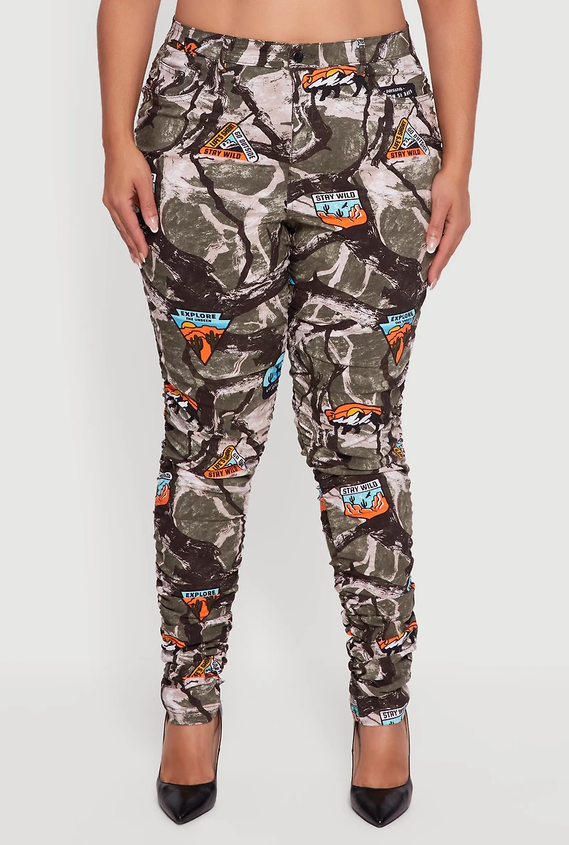 Womens Plus High Waisted Side Ruched Patterned Pants, Multi,