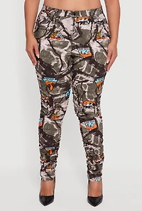Womens Plus High Waisted Side Ruched Patterned Pants, Multi,