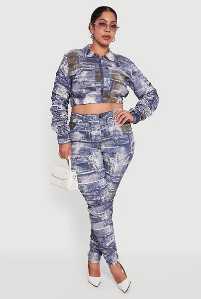 Womens Plus High Waisted Side Ruched Patterned Pants,