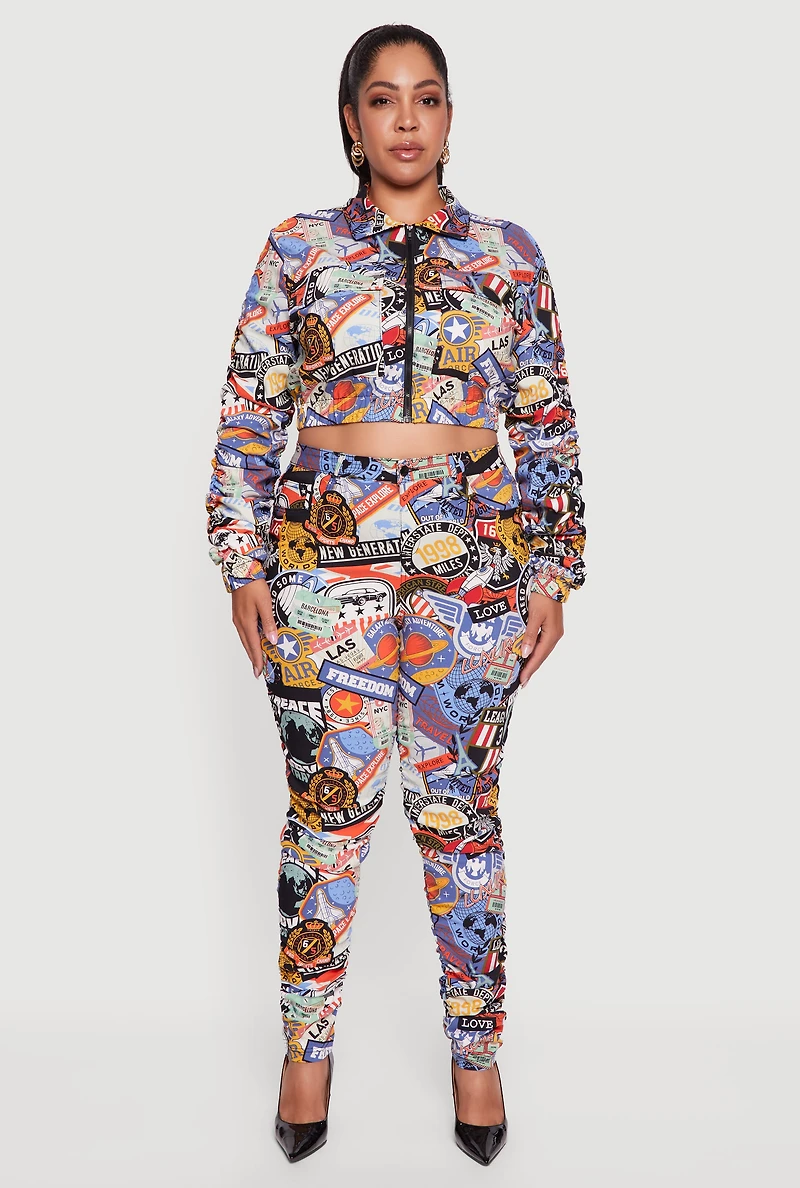 Womens Plus Size High Waisted Side Ruched Patterned Pants, Multi, Size 1X