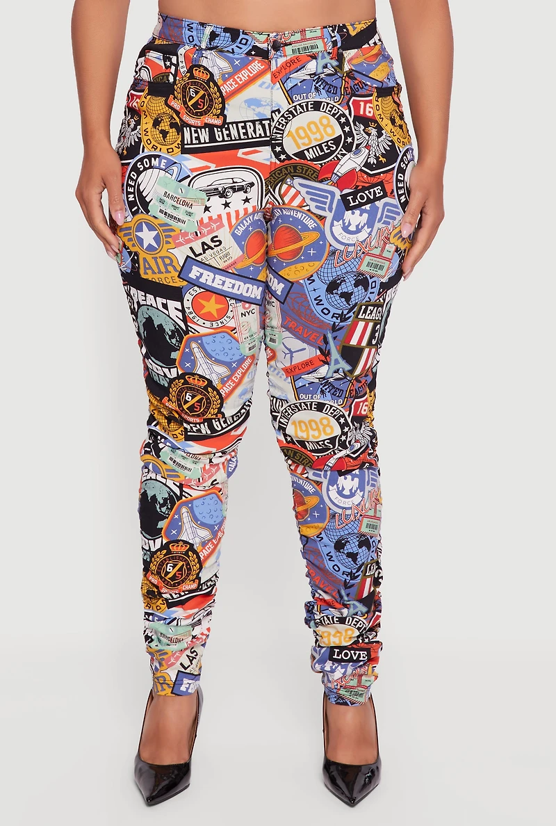 Womens Plus Size High Waisted Side Ruched Patterned Pants, Multi, Size 1X