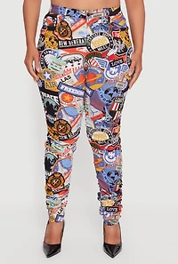 Womens Plus Size High Waisted Side Ruched Patterned Pants, Multi, Size 1X
