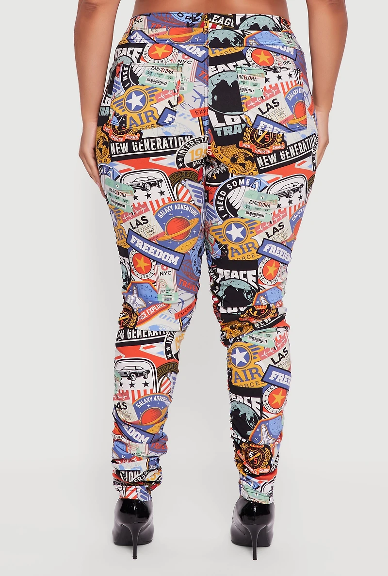 Womens Plus Size High Waisted Side Ruched Patterned Pants, Multi, Size 1X