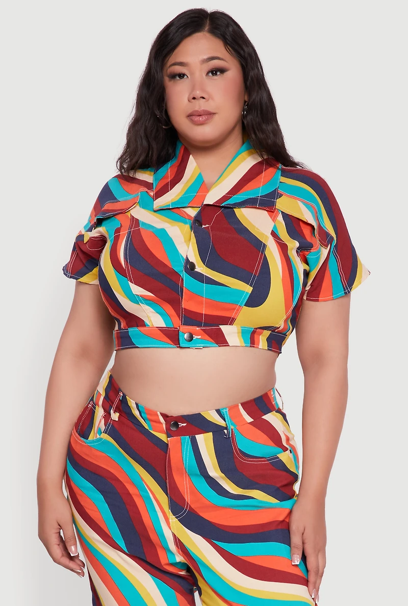 Womens Plus Psychedelic Swirl Short Sleeve Cropped Jacket, Multi,