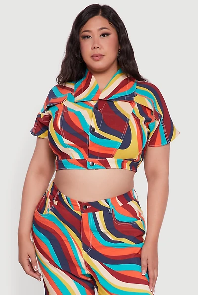 Womens Plus Psychedelic Swirl Short Sleeve Cropped Jacket, Multi,