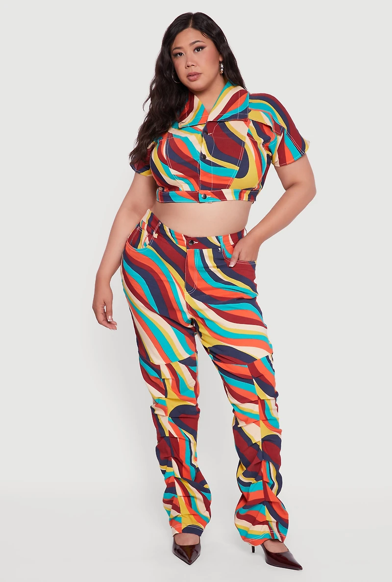 Womens Plus Psychedelic Swirl Short Sleeve Cropped Jacket, Multi,