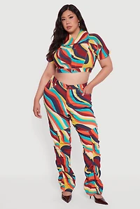 Womens Plus Psychedelic Swirl Short Sleeve Cropped Jacket, Multi,