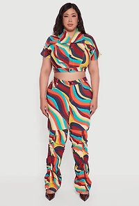 Womens Plus Psychedelic Swirl Short Sleeve Cropped Jacket, Multi,