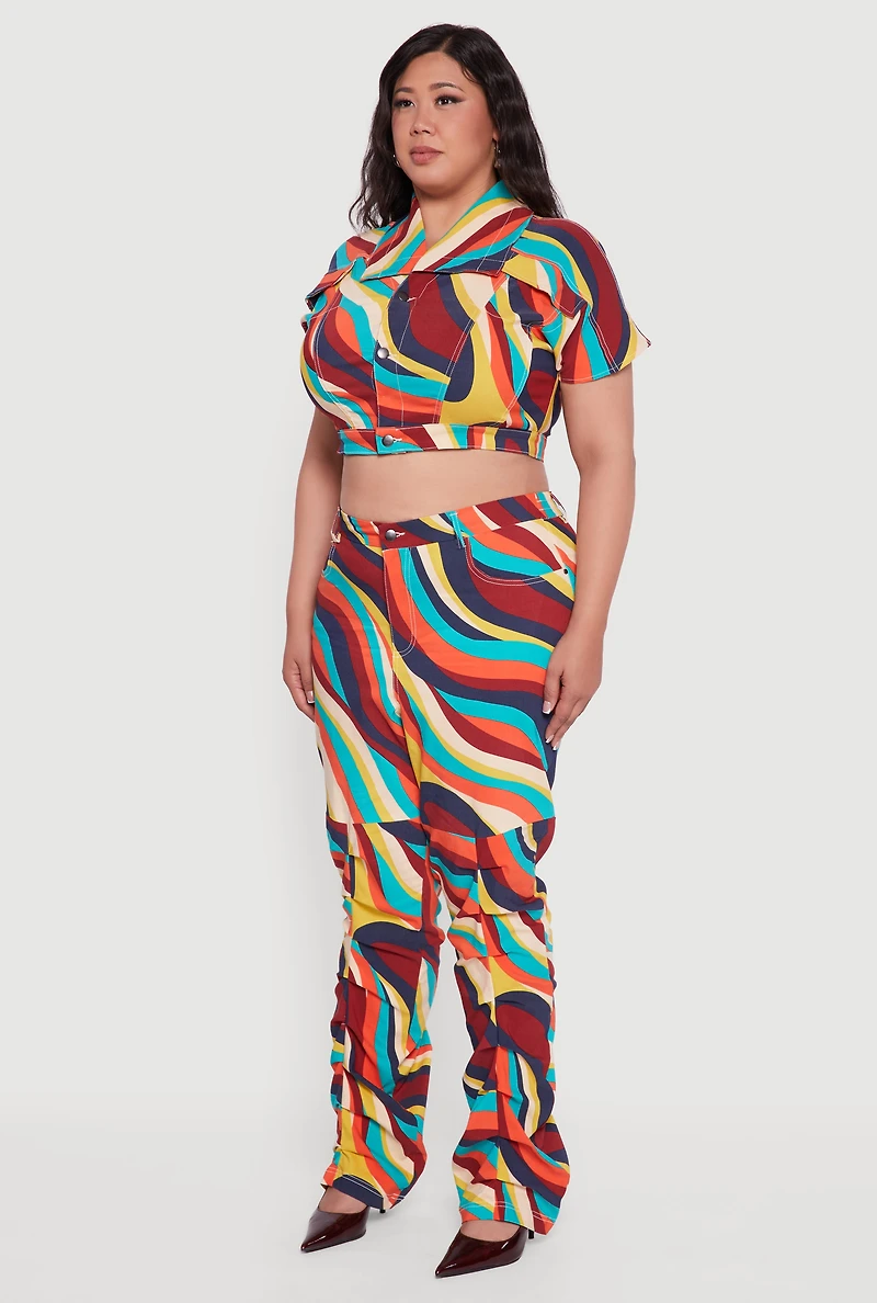Womens Plus Psychedelic Swirl Short Sleeve Cropped Jacket, Multi,