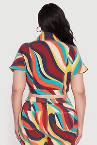 Womens Plus Psychedelic Swirl Short Sleeve Cropped Jacket, Multi,
