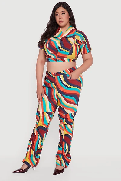 Womens Plus Size High Waisted Psychedelic Swirl Stacked Pants, Multi, Size 3X
