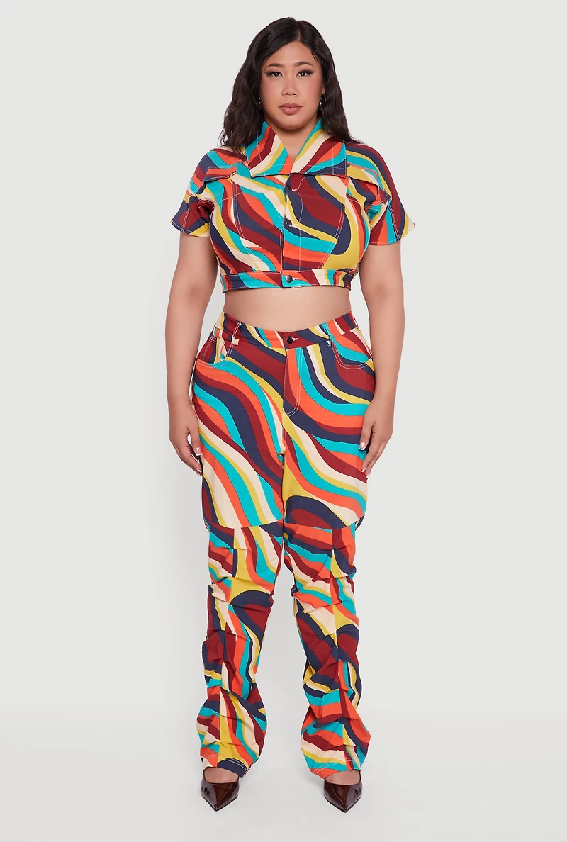 Womens Plus Size High Waisted Psychedelic Swirl Stacked Pants, Multi, Size 3X