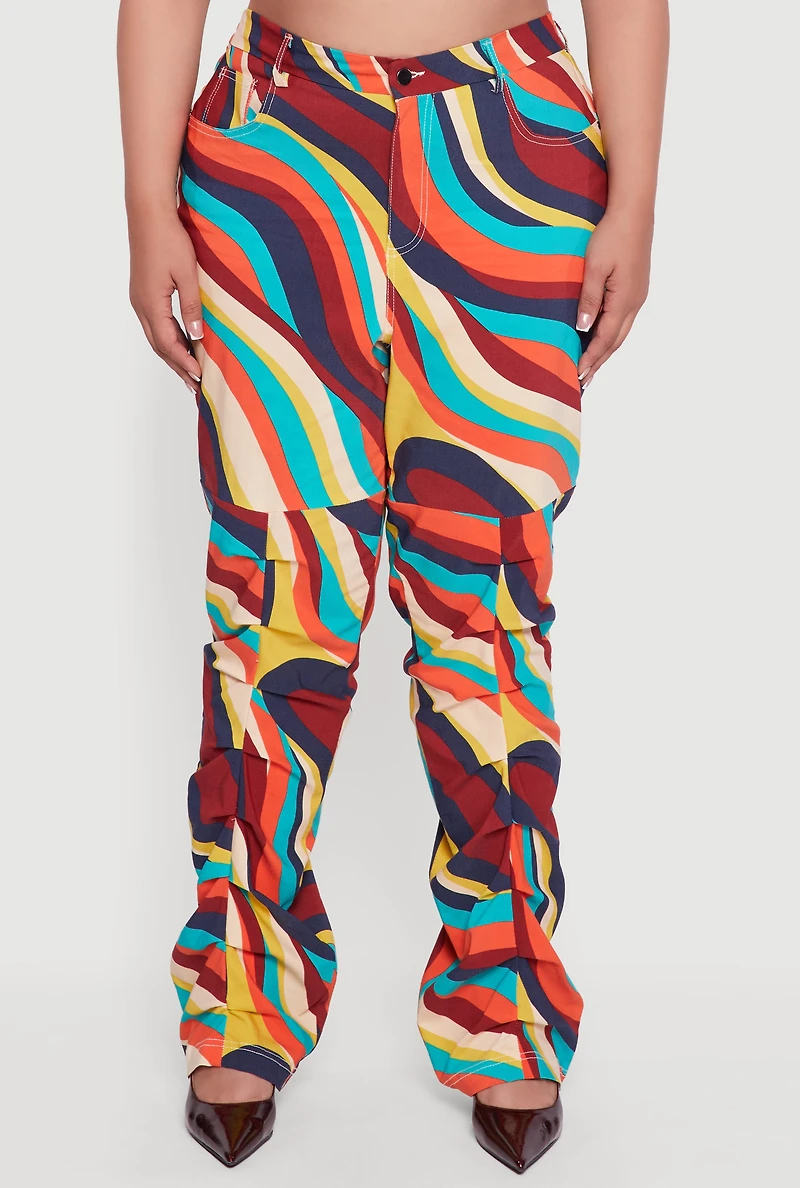 Womens Plus Size High Waisted Psychedelic Swirl Stacked Pants, Multi, Size 2X