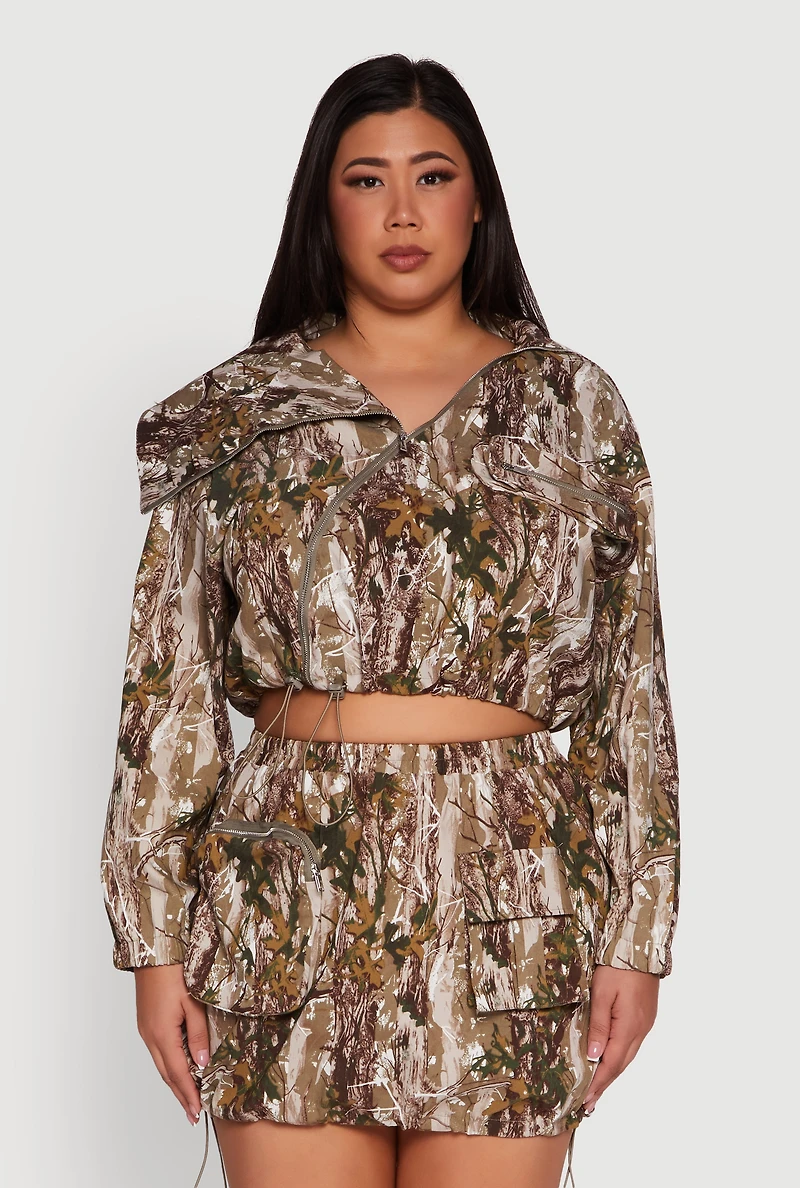 Womens Plus Size Hunter Camo Zip Front Drawstring Hem Jacket, Multi, Size 2X