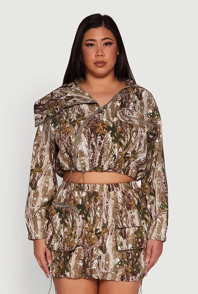Womens Plus Size Hunter Camo Zip Front Drawstring Hem Jacket, Multi, Size 2X