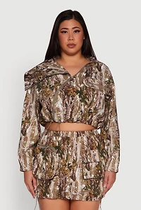 Womens Plus Size Hunter Camo Zip Front Drawstring Hem Jacket, Multi, Size 2X