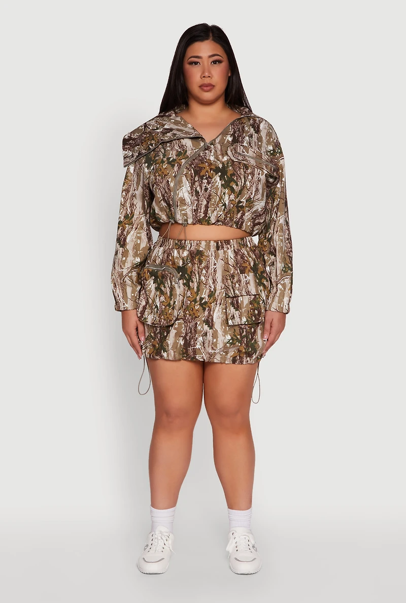 Womens Plus Size Hunter Camo Zip Front Drawstring Hem Jacket, Multi, Size 2X