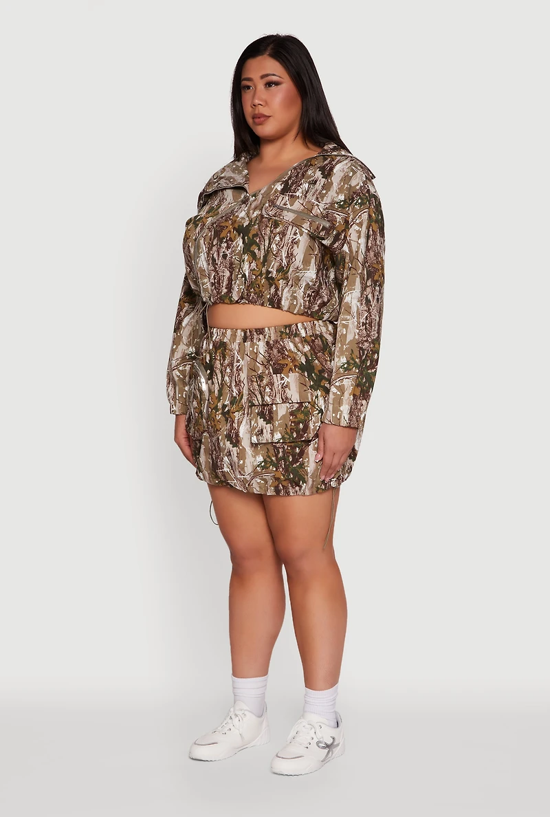 Plus Hunter Camo Zip Front Drawstring Hem Jacket