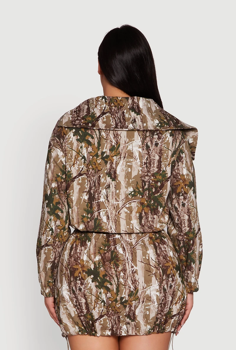 Womens Plus Size Hunter Camo Zip Front Drawstring Hem Jacket, Multi, Size 1X