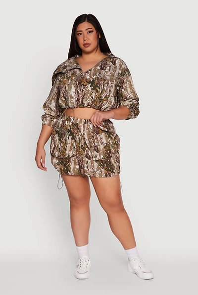 Womens Plus Size Hunter Camo Drawstring Hem Cargo Mini Skirt, Multi, Size 1X
