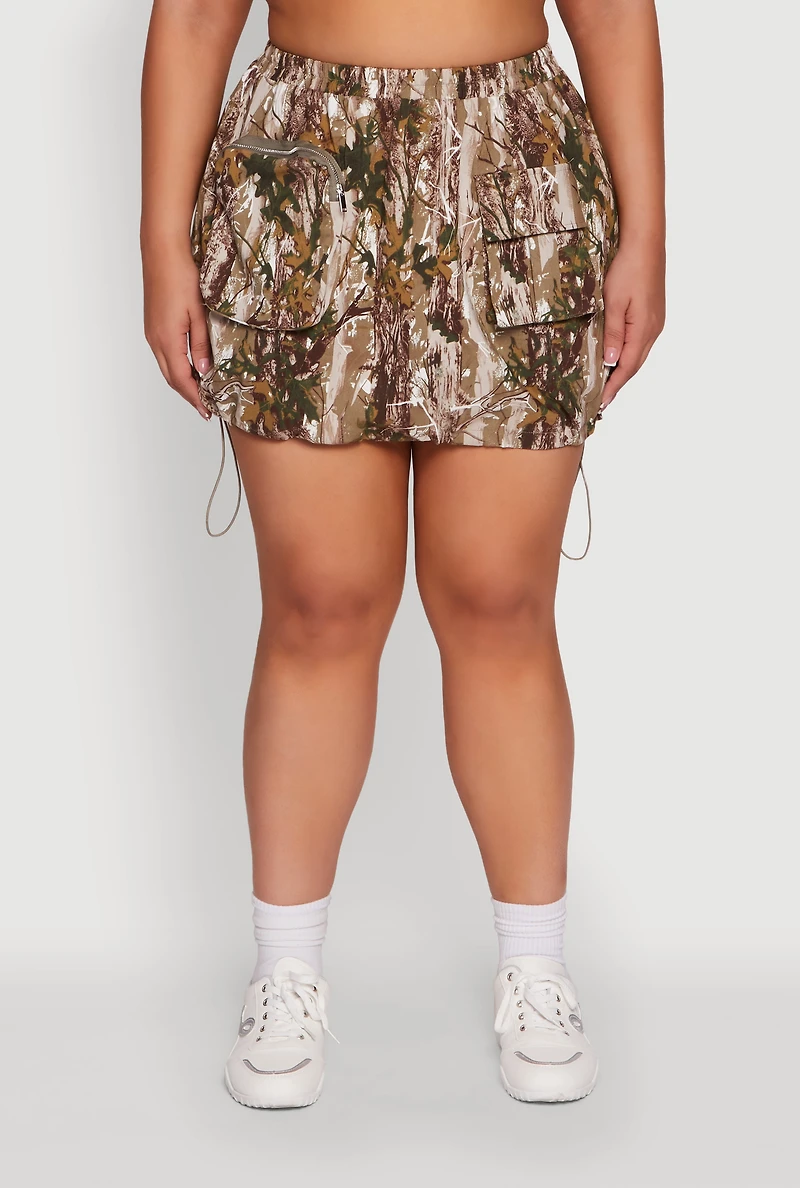 Womens Plus Size Hunter Camo Drawstring Hem Cargo Mini Skirt, Multi, Size 2X