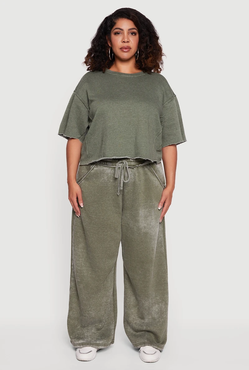 Womens Plus Size Mineral Wash Drawstring Waist Wide Leg Sweatpants, Green, Size 3X