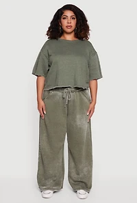 Womens Plus Size Mineral Wash Drawstring Waist Wide Leg Sweatpants, Green, Size 3X