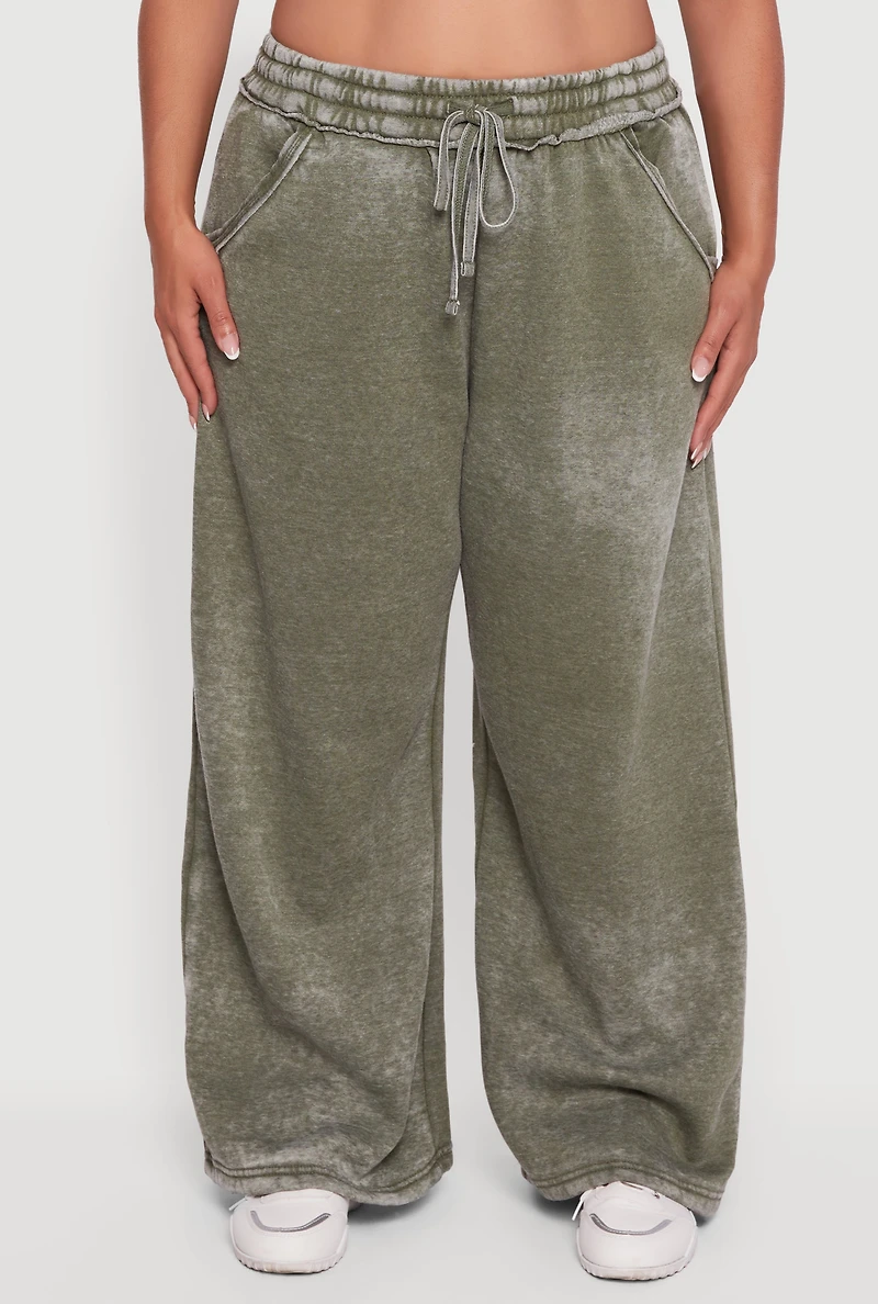 Womens Plus Size Mineral Wash Drawstring Waist Wide Leg Sweatpants, Green, Size 3X