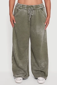 Womens Plus Size Mineral Wash Drawstring Waist Wide Leg Sweatpants, Green, Size 3X