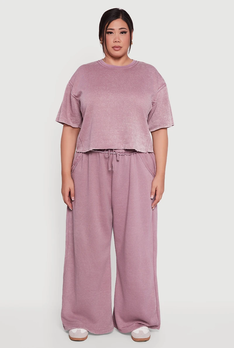 Plus Mineral Wash Drawstring Waist Wide Leg Sweatpants