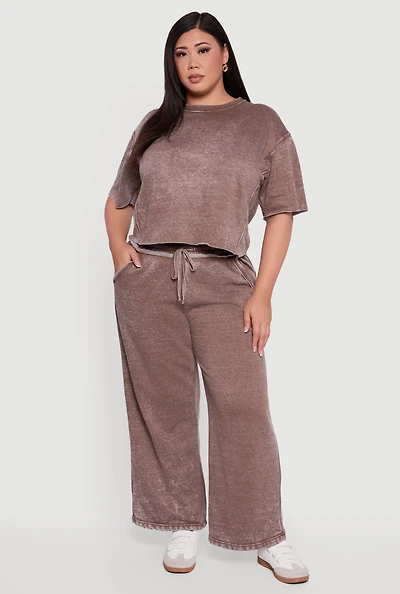 Plus Mineral Wash Drawstring Waist Wide Leg Sweatpants